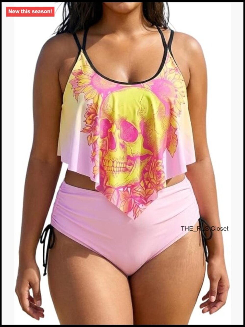 Plus Size High Waisted Bikini Set Skull Sunflower Two Piece Bathing Suit